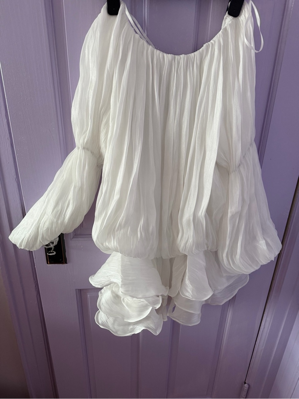Fashion Nova White Sheer Ruffle Off-Shoulder Blouse